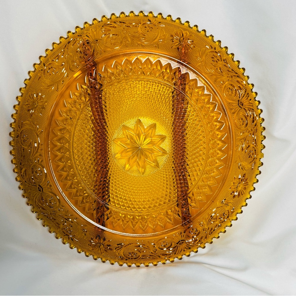 Vintage Amber Glass Sandwich Serving Tray - Starburst Scalloped Rim VTG 70s - Picture 4 of 7